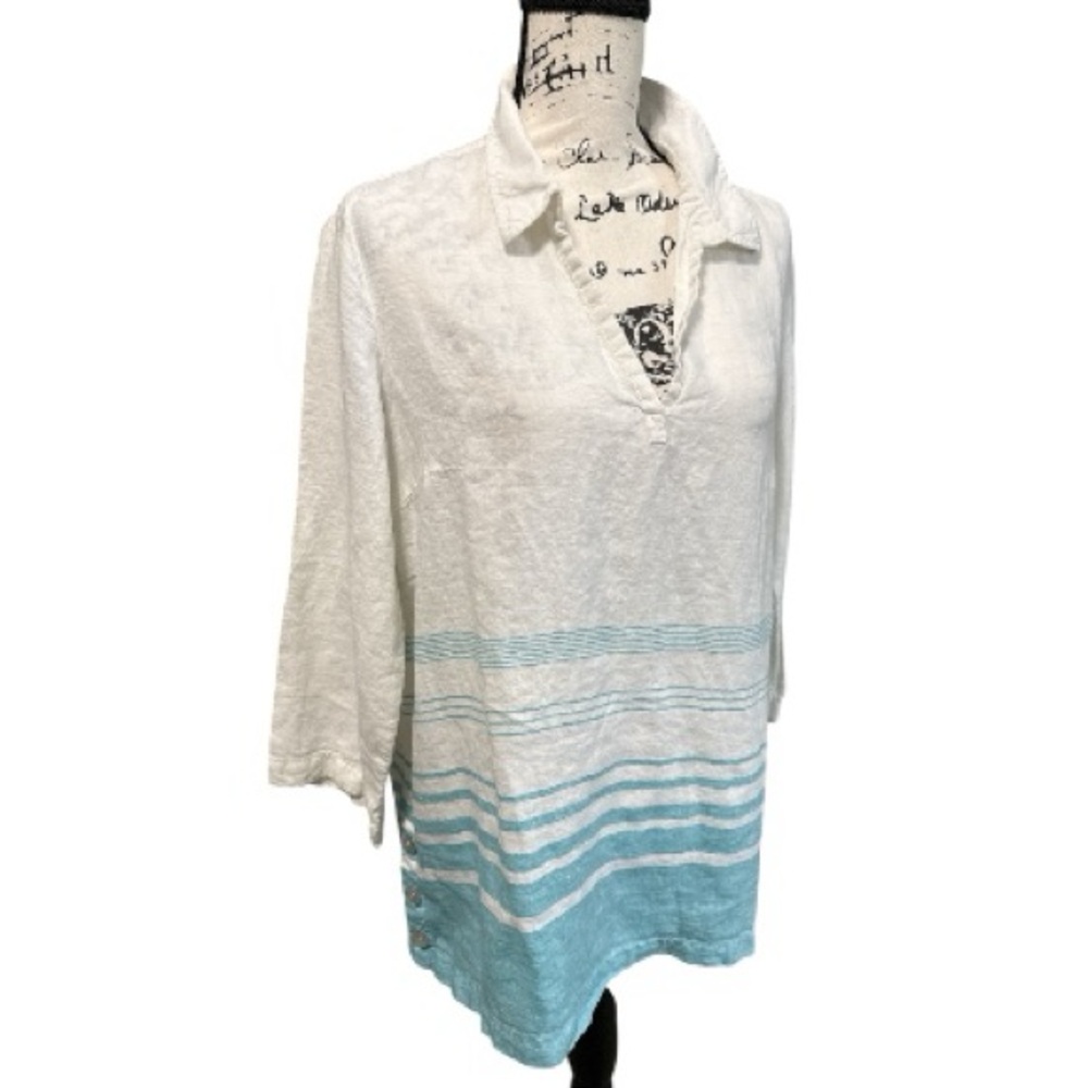 Sigrid Olsen White & Teal Stripe Linen Tunic Collared Vneck Pearl Button Sides L